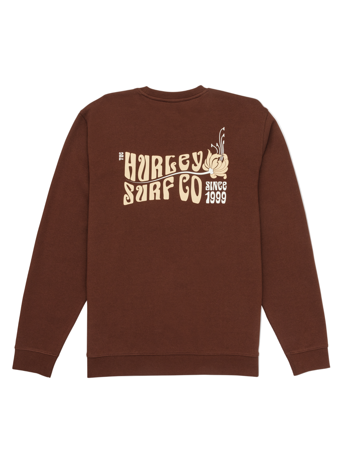 Brown sweatshirt with 'The Hurley Surf Co' logo on a white background