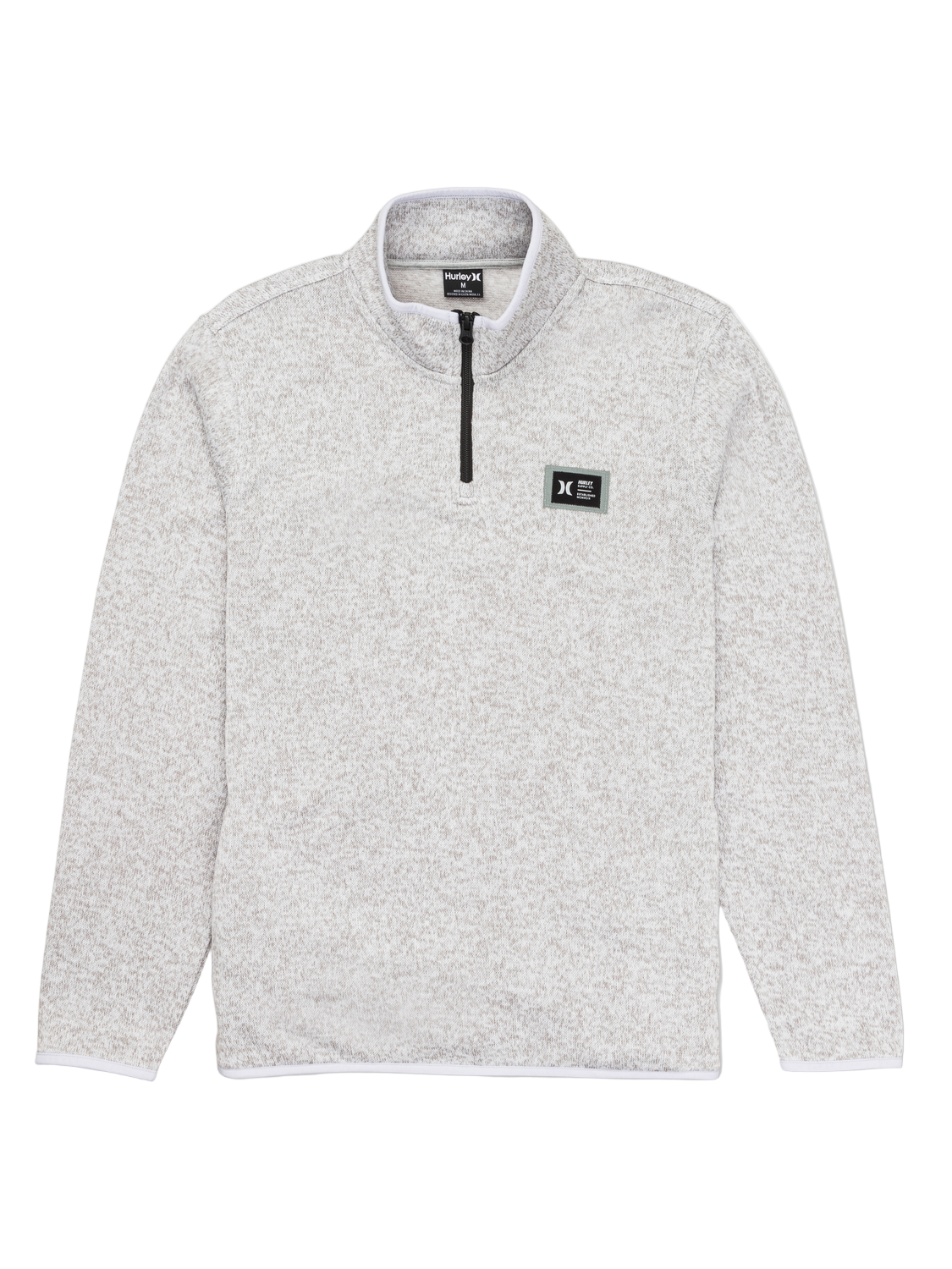 Gray fleece pullover with a brand logo on a white background