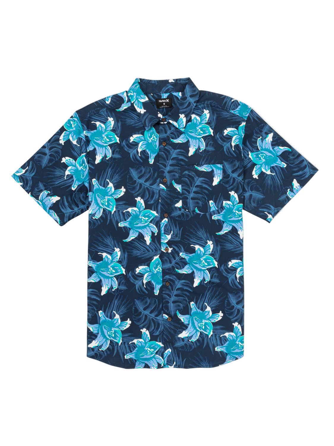 Navy blue shirt with blue floral pattern on a white background