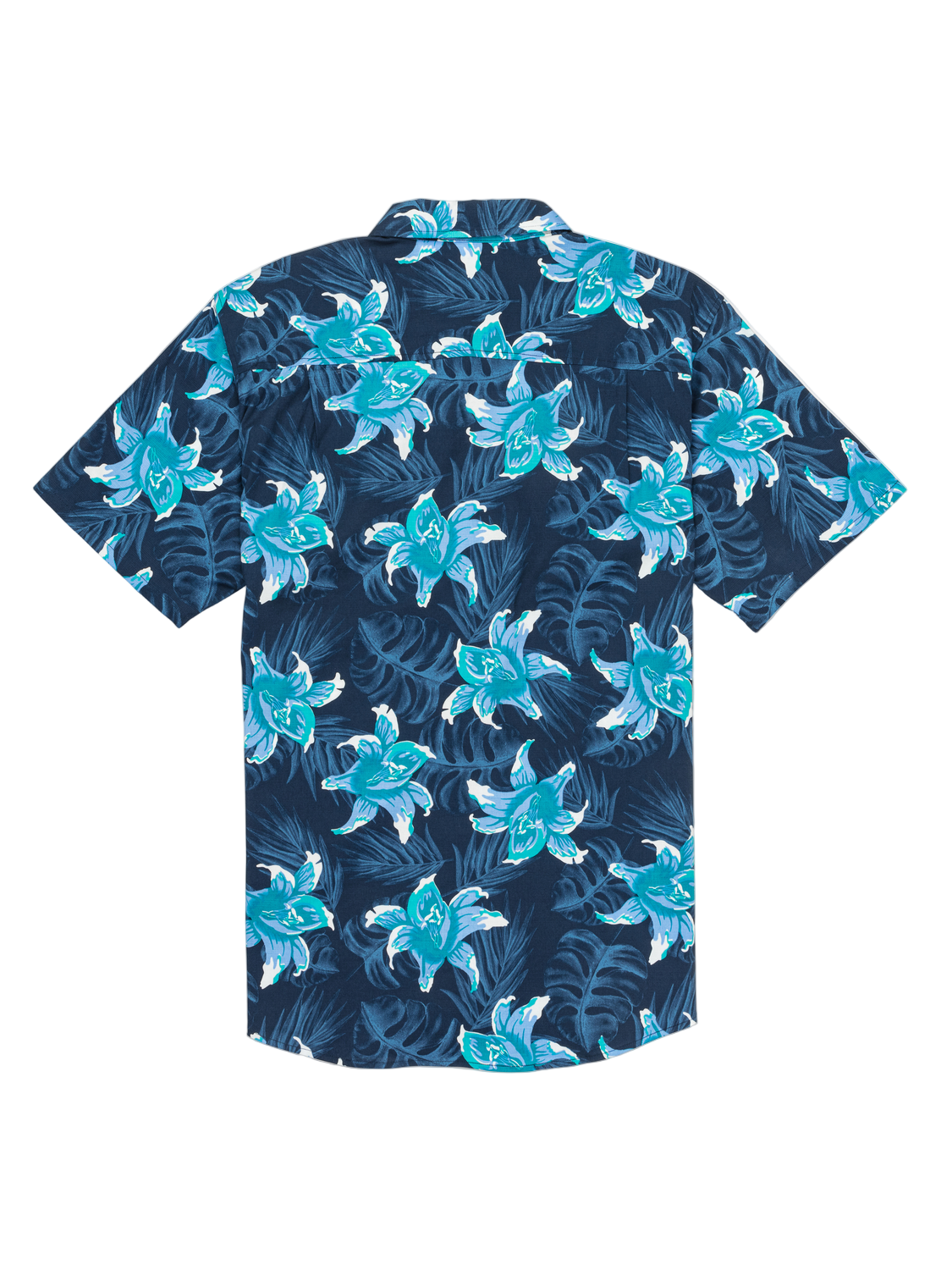 Navy blue shirt with turquoise turtle and leaf pattern on a white background