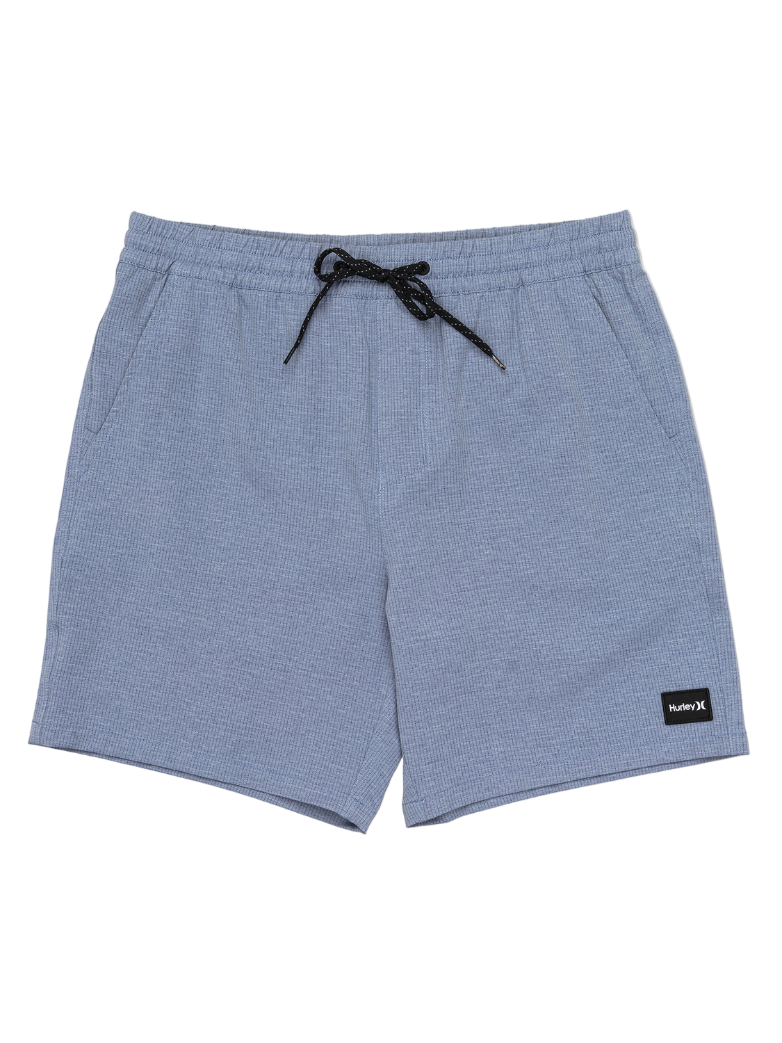 Blue shorts with a black drawstring and brand label on a white background