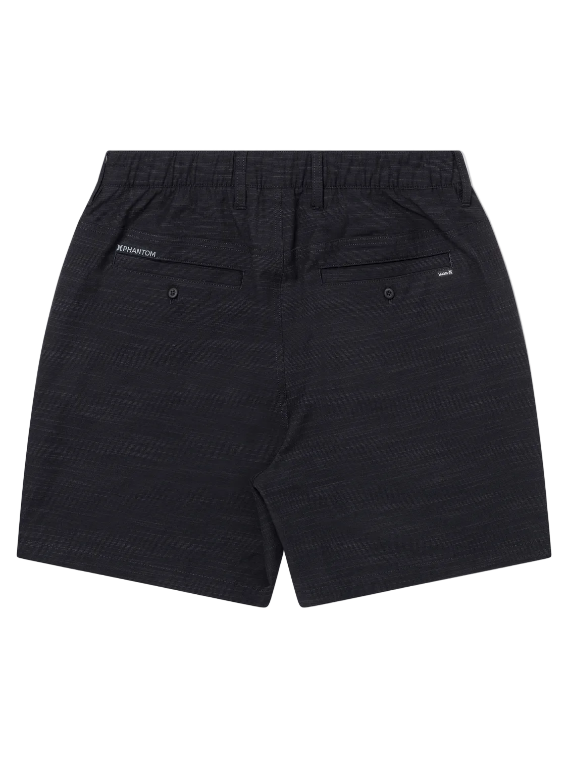 Black shorts with a brand logo on a white background