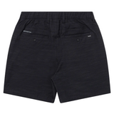 Black shorts with a brand logo on a white background