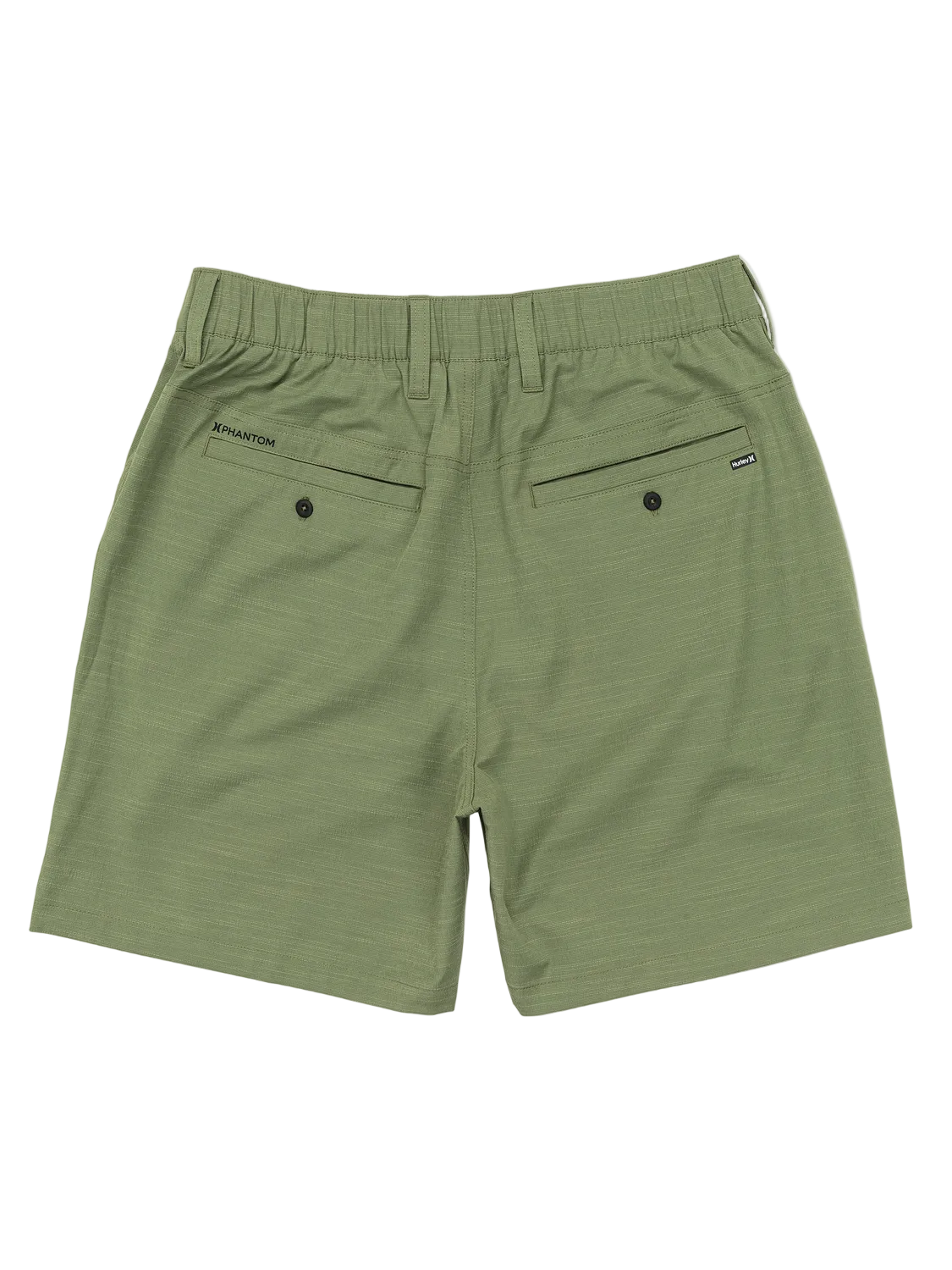 Green shorts with a brand logo on a white background