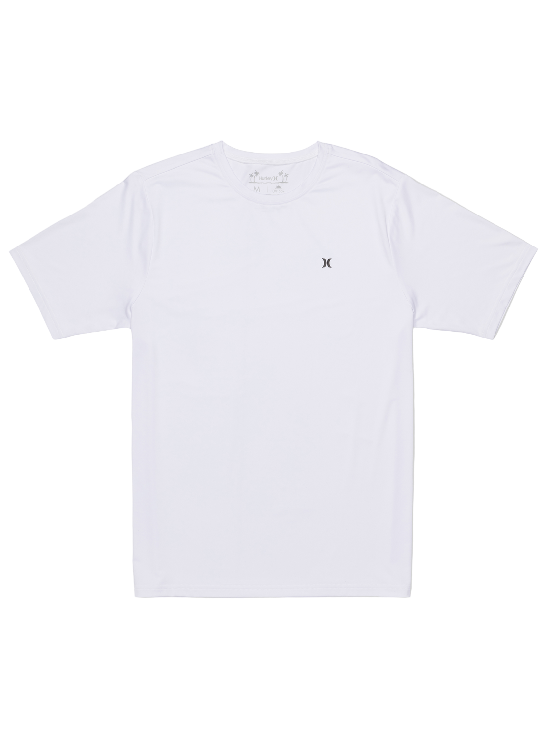 White t-shirt with a small logo on a white background