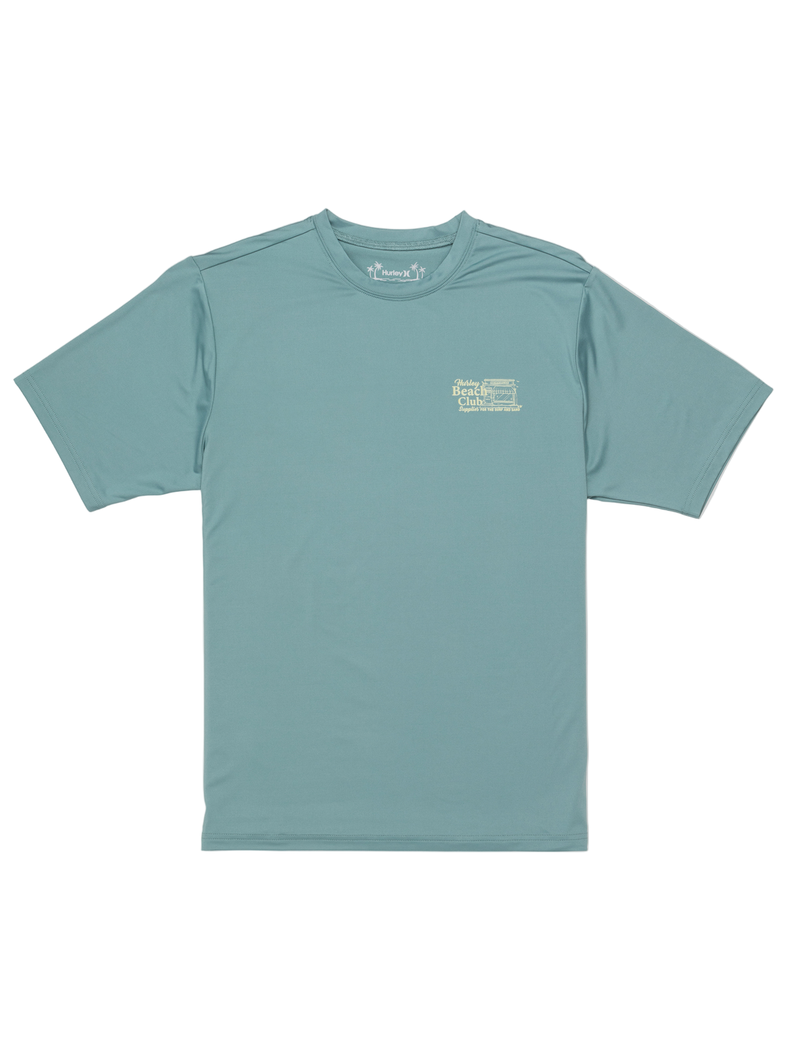 Teal t-shirt with a small logo on a white background