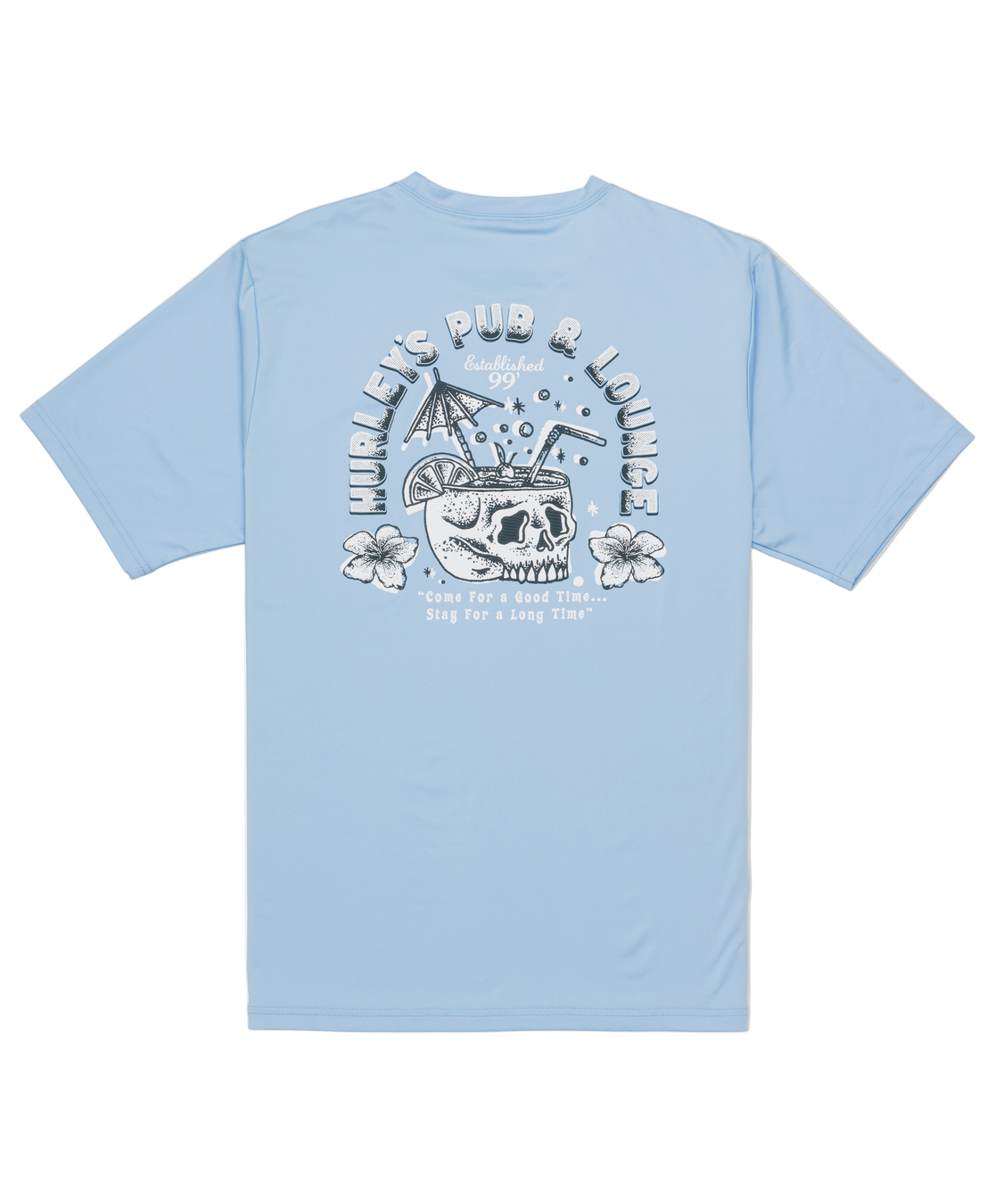 Light blue t-shirt with graphic design on the back against a white background