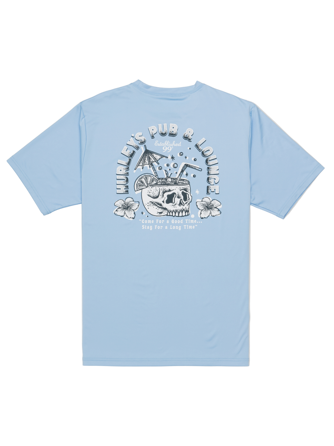 Light blue t-shirt with graphic design on the back against a white background