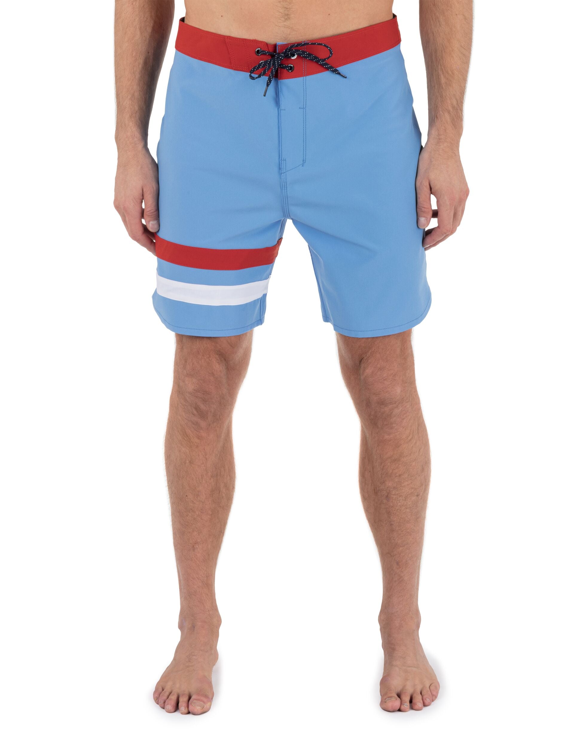 Blue swim shorts with red and white stripes on a white background