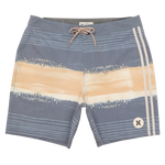 Striped board shorts with a logo on a white background