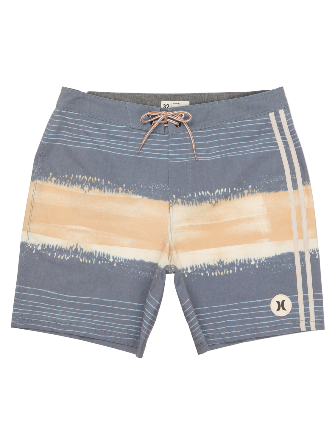 Striped board shorts with a logo on a white background