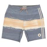 Striped board shorts with a logo on a white background