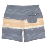 Board shorts with a striped pattern on a white background
