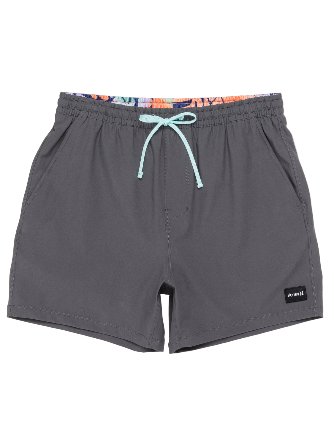 Gray shorts with a drawstring on a white background