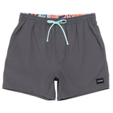 Gray shorts with a drawstring on a white background
