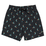 Black shorts with colorful bird pattern on a white background