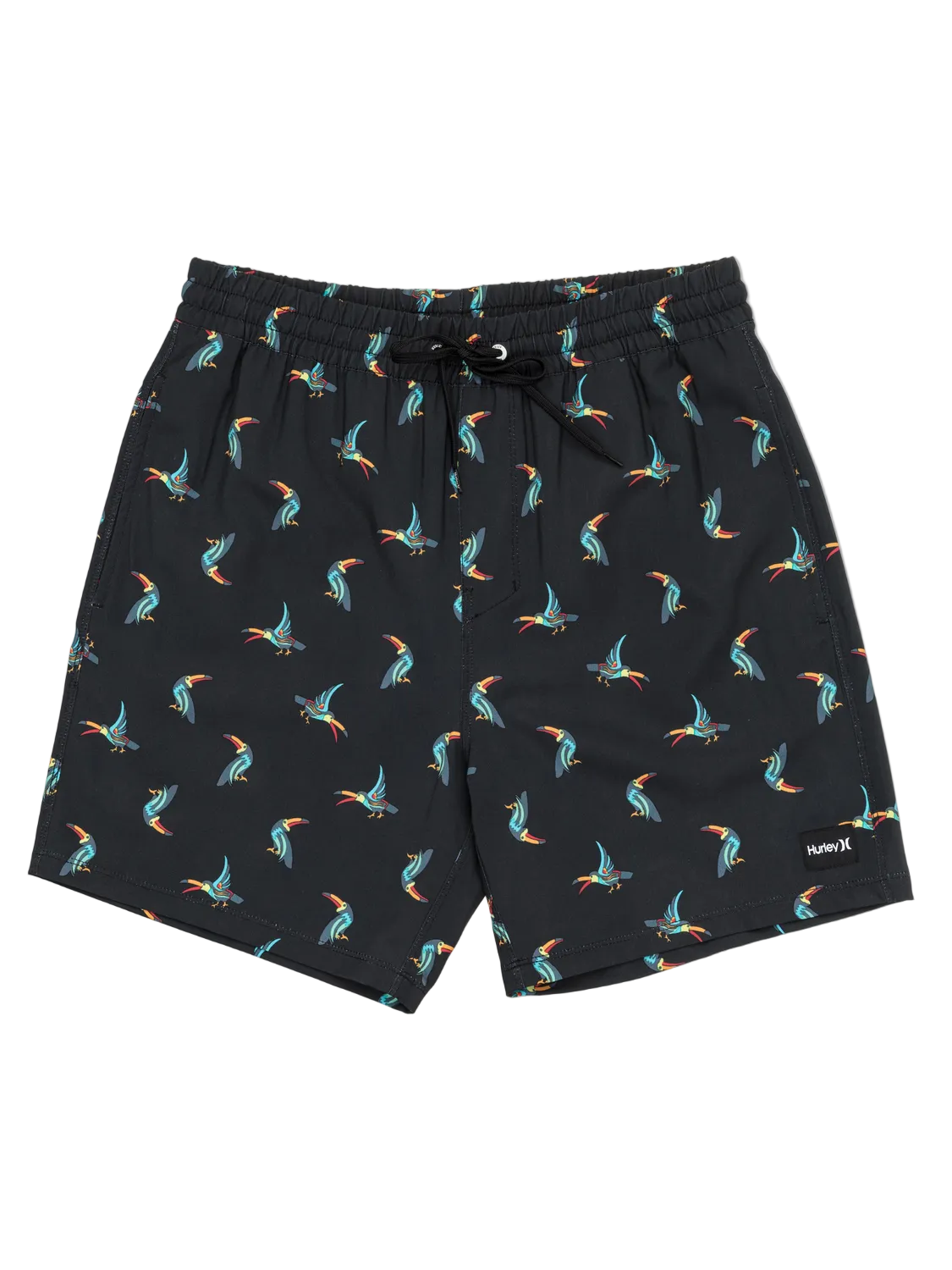 Black shorts with colorful bird pattern on a white background