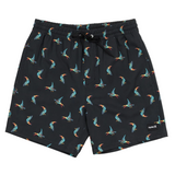 Black shorts with colorful bird pattern on a white background