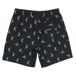 Black shorts with colorful bird pattern on a white background