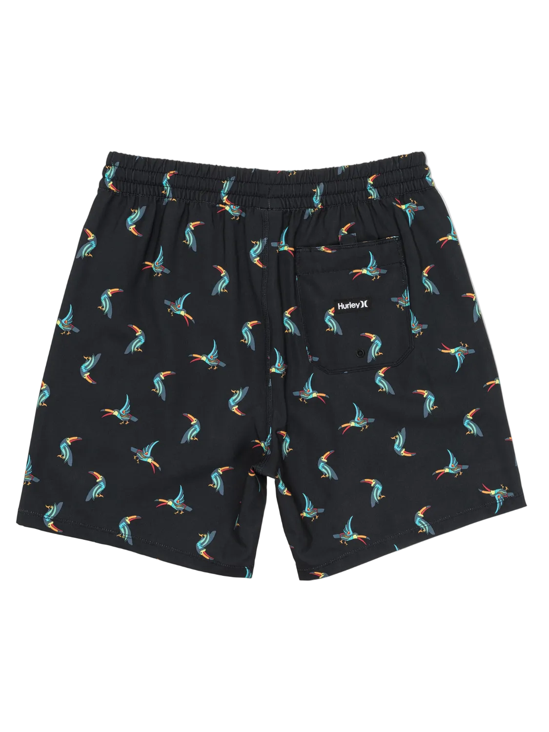 Black shorts with colorful bird pattern on a white background