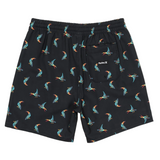 Black shorts with colorful bird pattern on a white background