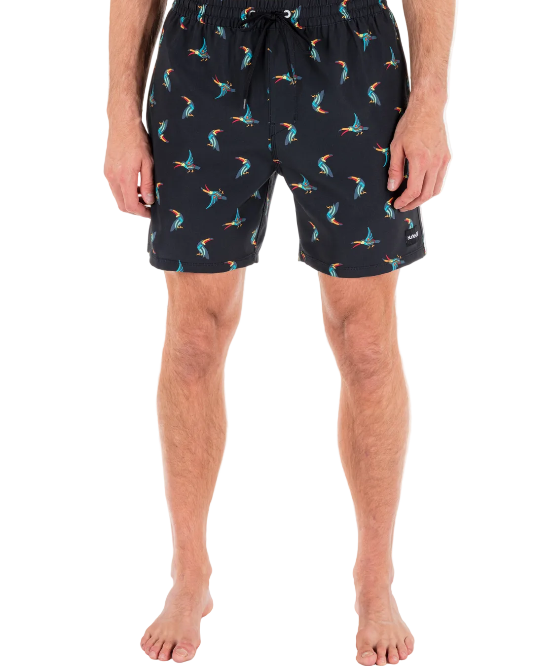 Person wearing black swim shorts with colorful parrot pattern on a white background