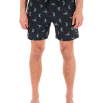 Person wearing black swim shorts with colorful parrot pattern on a white background