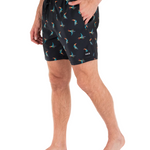 Person wearing black shorts with colorful bird pattern on a white background