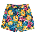 Colorful tropical floral shorts on a white background