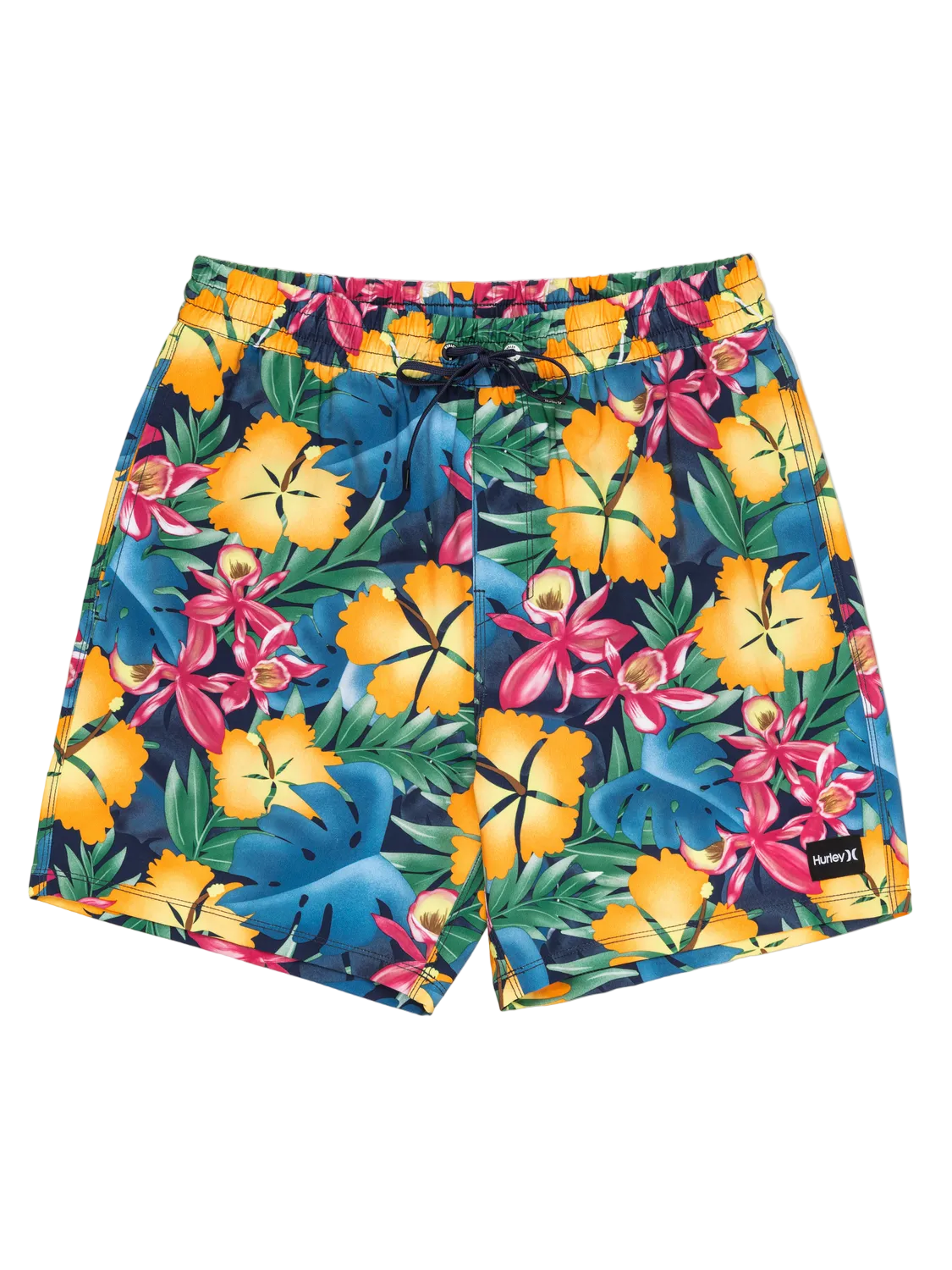 Colorful tropical floral shorts on a white background