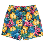 Colorful tropical floral shorts on a white background