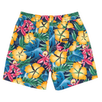 Colorful tropical floral shorts on a white background