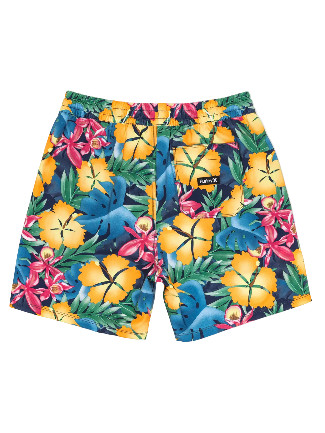 Colorful tropical floral shorts on a white background
