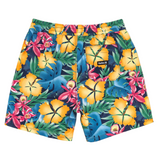 Colorful tropical floral shorts on a white background