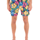 Person wearing colorful floral swim shorts on a white background