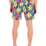 Colorful floral-patterned shorts worn by a person on a white background