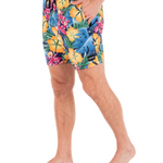 Person wearing colorful tropical floral swim shorts on a white background