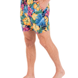 Person wearing colorful tropical floral swim shorts on a white background