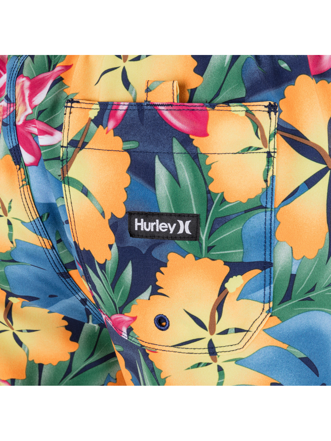 Floral-patterned shorts with a Hurley logo on a white background
