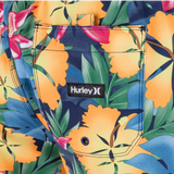 Floral-patterned shorts with a Hurley logo on a white background