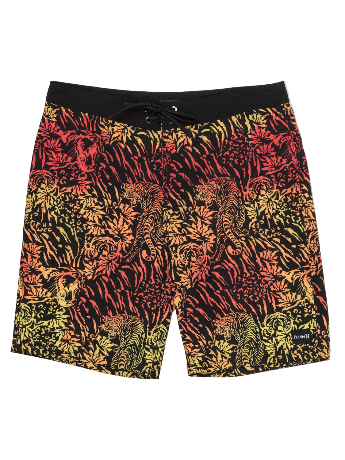Board shorts with a tiger pattern on a white background