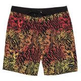 Board shorts with a tiger pattern on a white background