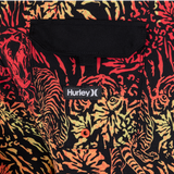 Multicolored tiger patterned fabric with a Hurley logo on a black background