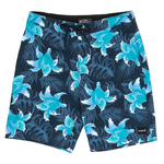 Board shorts with blue floral pattern on a white background