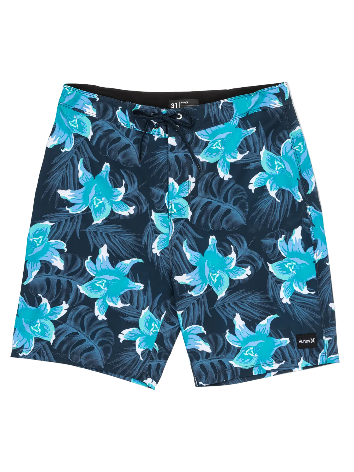 Board shorts with blue floral pattern on a white background