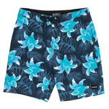 Board shorts with blue floral pattern on a white background