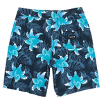 Navy blue shorts with a blue floral pattern on a white background
