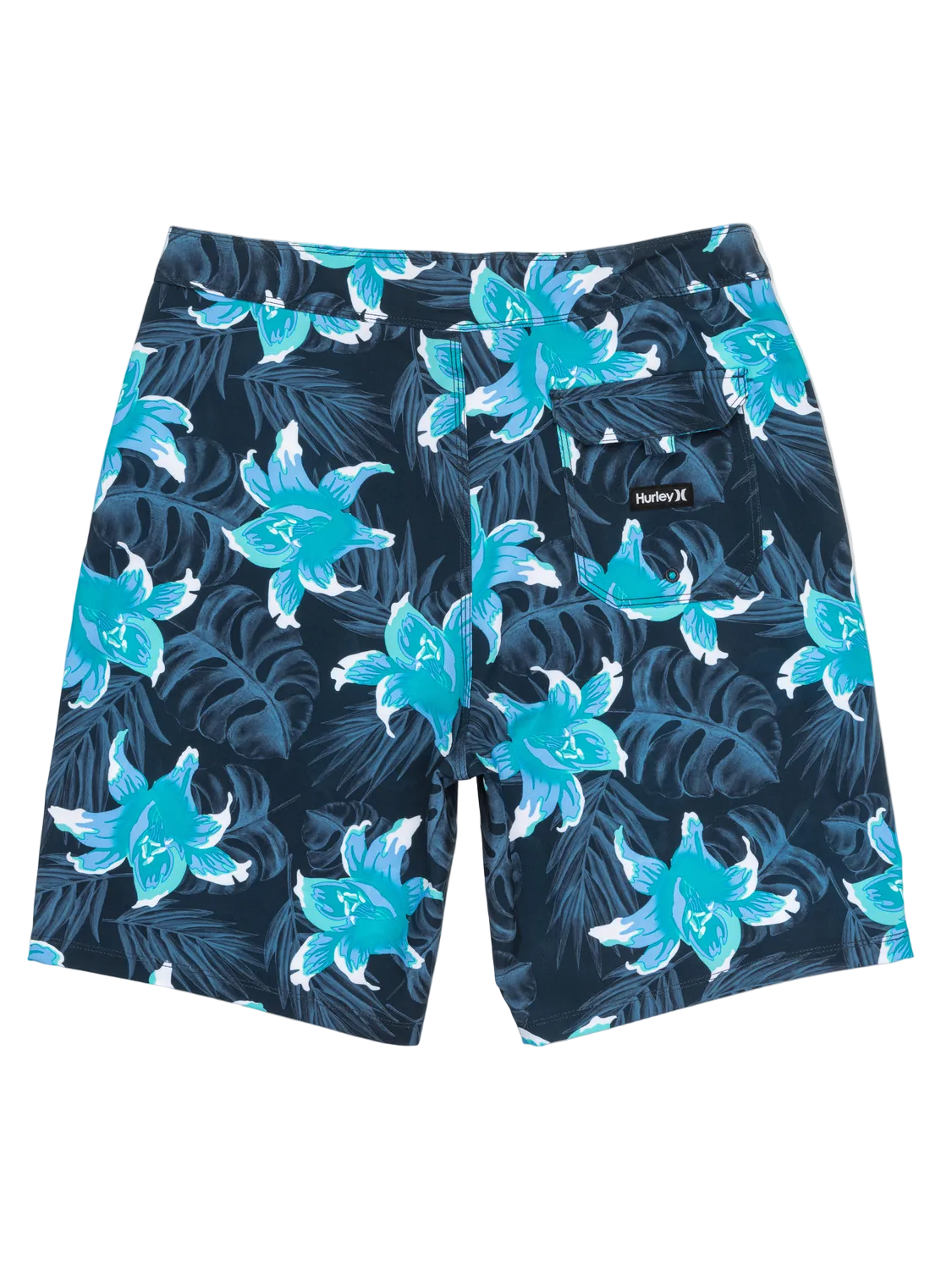 Navy blue shorts with a blue floral pattern on a white background