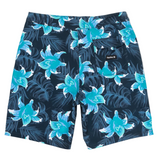 Navy blue shorts with a blue floral pattern on a white background