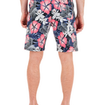 Person wearing floral patterned shorts on a white background